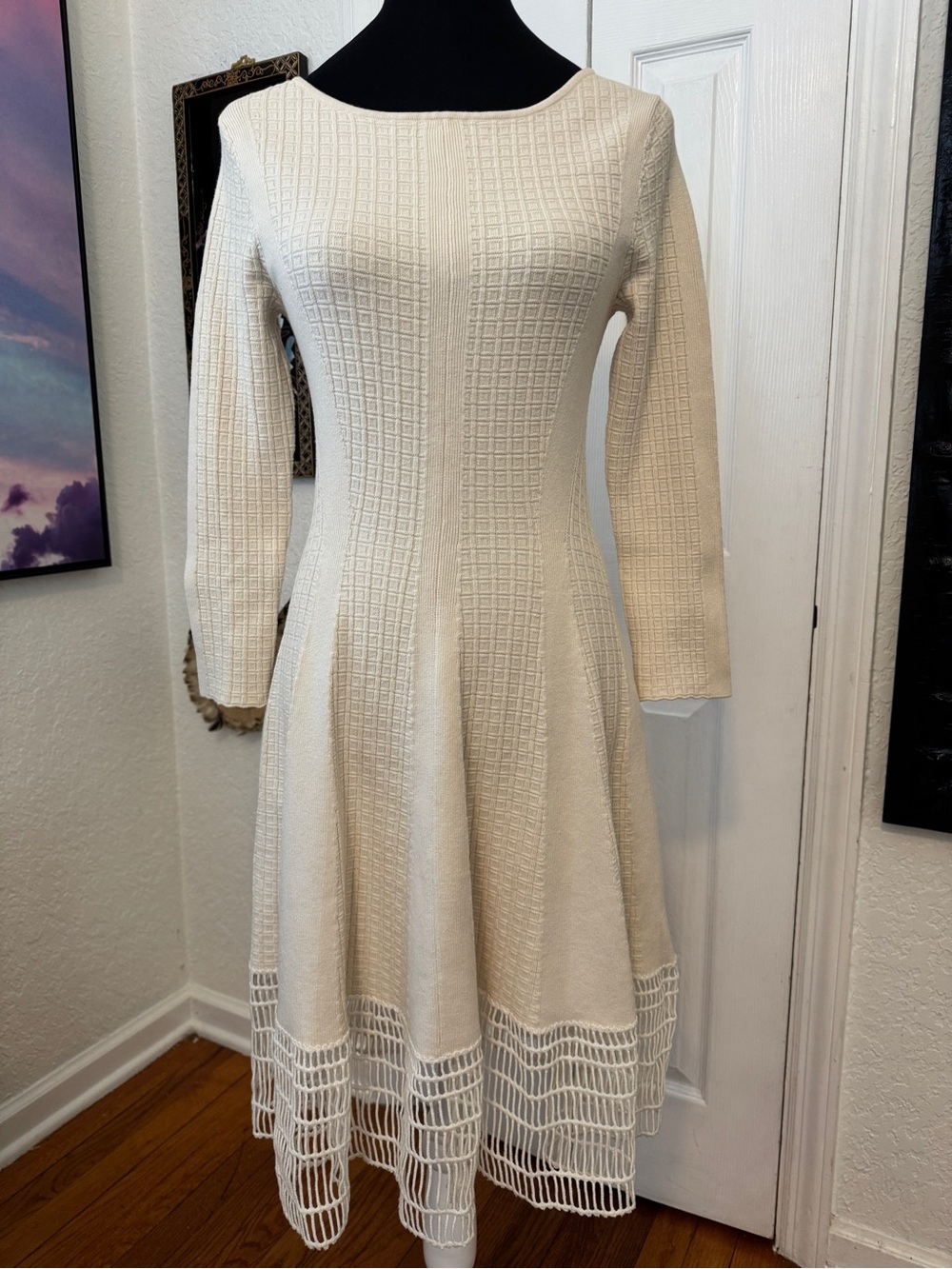 Lela Rose Ivory Silk Cashmere Knit Railroad Lace Midi Dress S NWT $995